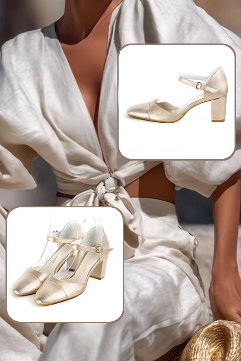 Women's gold elegant closed-back heels, with an instep strap. Round toe. Medium block heels - Worn view